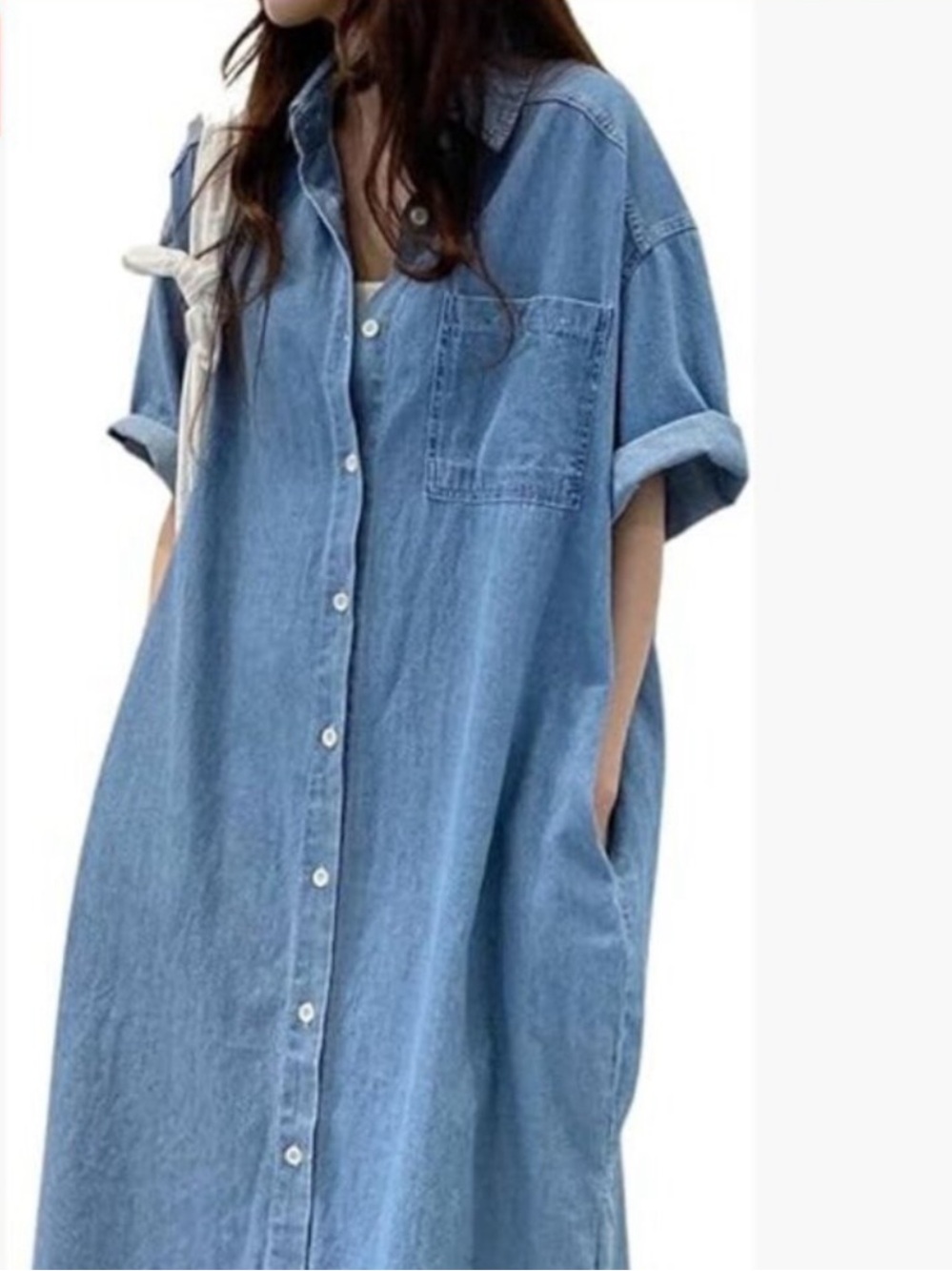 Light Blue Denim Midi Shirt Dress - Relaxed Button-Front